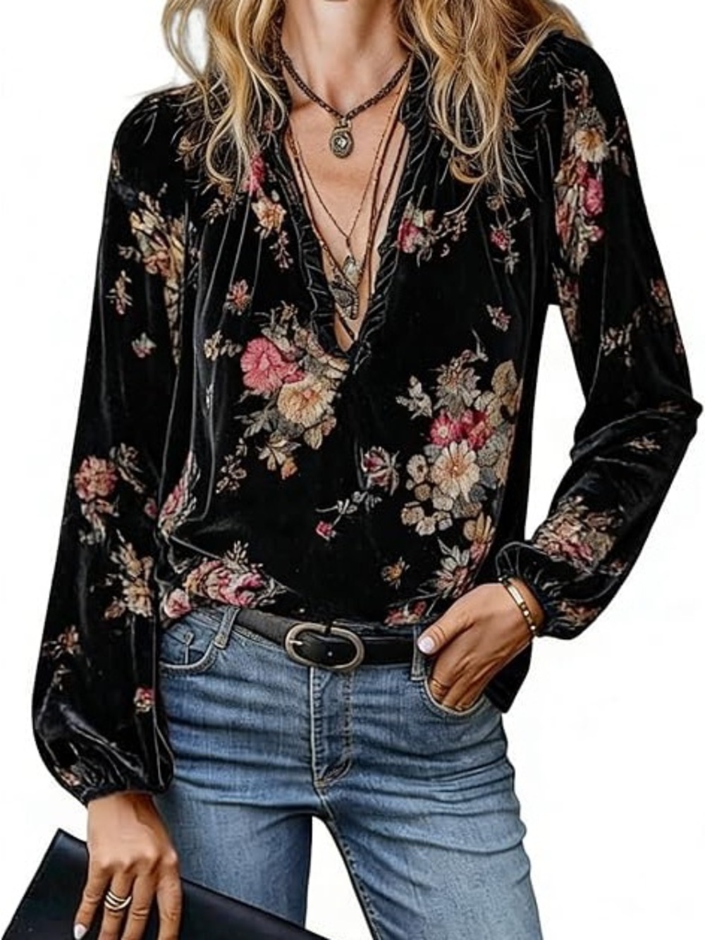 Black Floral Velvet V-Neck Long Sleeve Top